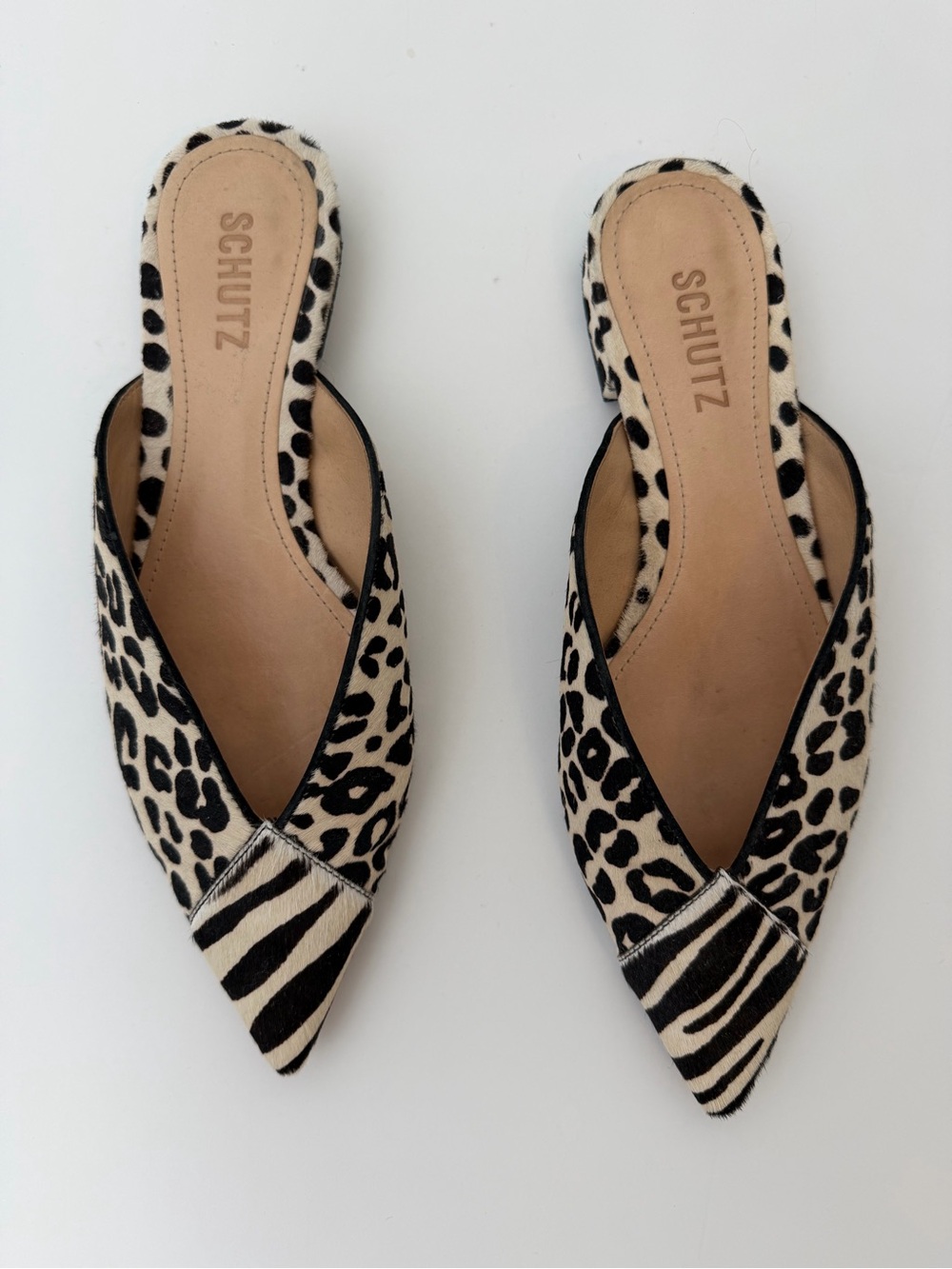 SCHUTZ Leopard & Zebra Print Pointed Toe Mules - Black & Cream